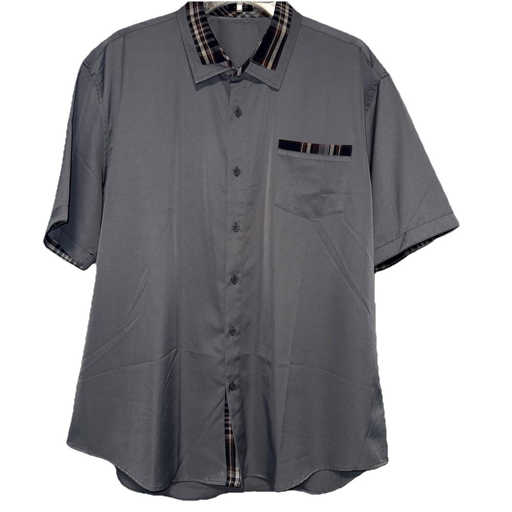COOFANDY Men’s Button Front Shirt XL Gray Short Sleeve Plaid Trim Stretch Casual